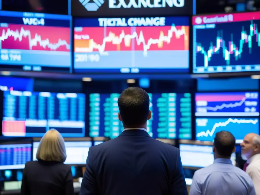 Traders gestionando fluctuaciones en la bolsa, rodeados de pantallas digitales y noticias financieras