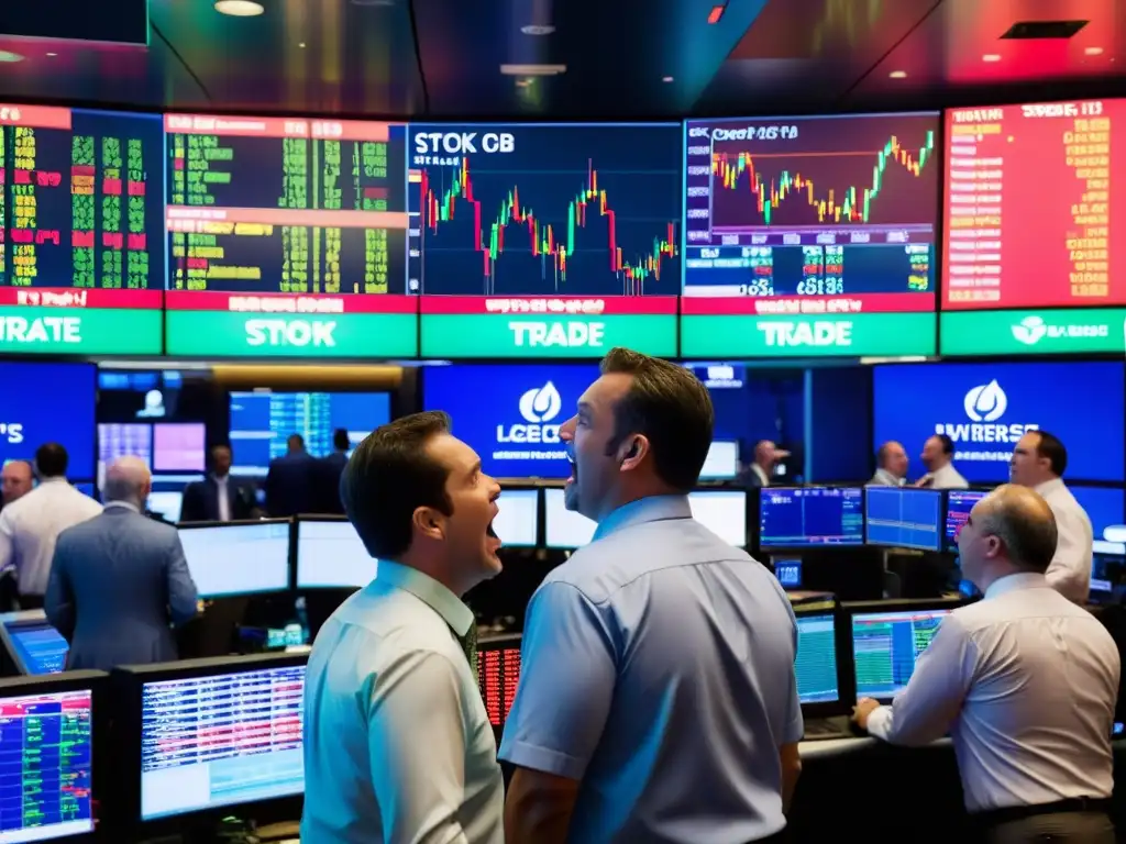 Traders en un frenesí en la bolsa de valores, rodeados de números y gráficos, reflejando la filosofía detrás de las burbujas económicas