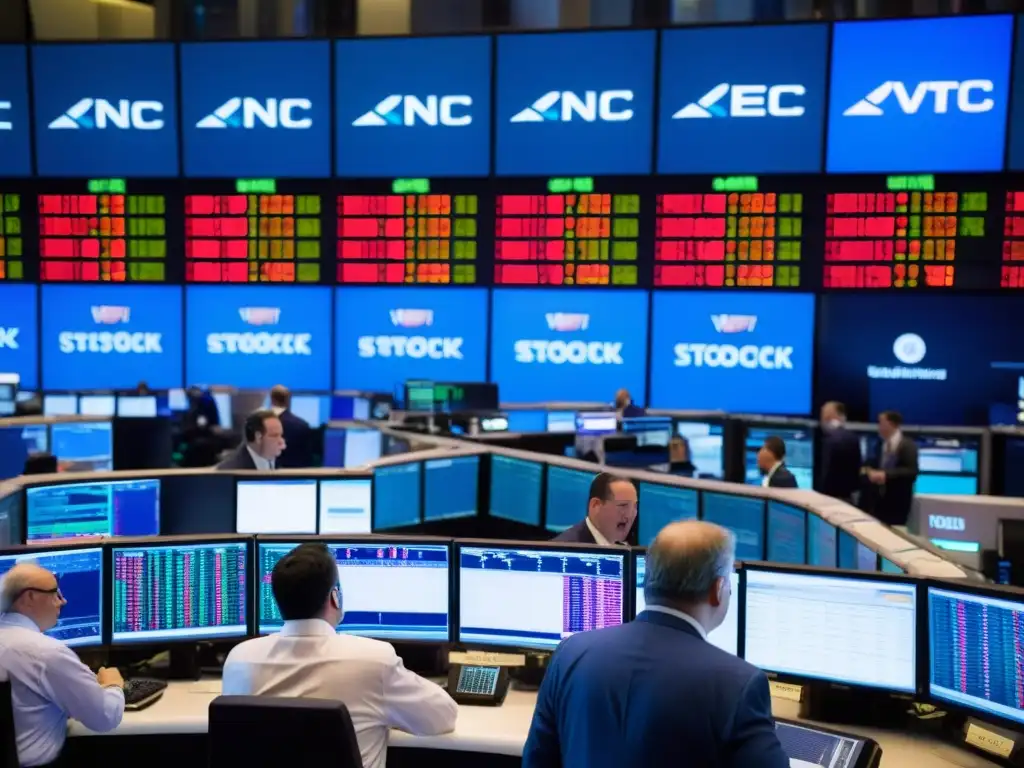 Traders y pantallas en la bolsa de valores reflejan el impacto ético de algoritmos en el sistema financiero