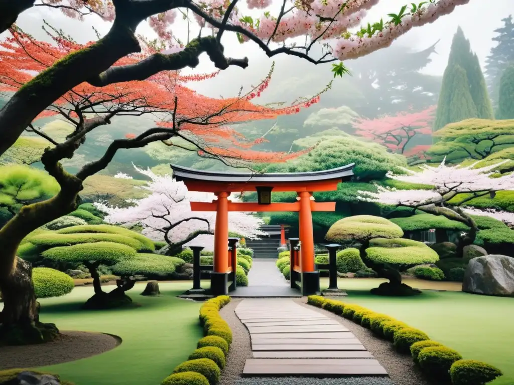 Un jardín japonés tradicional con árboles de cerezo en flor y un torii de madera