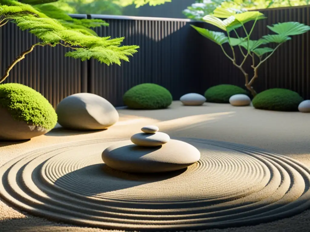 Un jardín Zen tradicional con grava rastrillada, rocas y vegetación, iluminado por suave luz solar