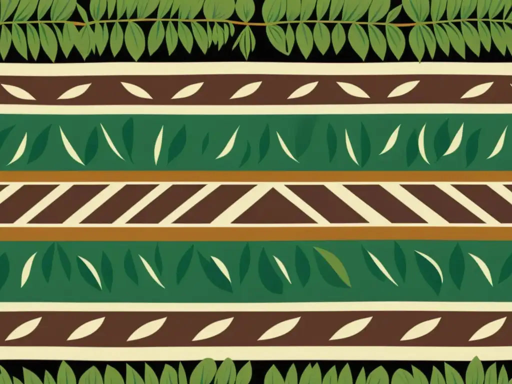 Tapiz tradicional de Oceanía con motivos simbólicos que representan la identidad y comunidad en Oceanía, sobre fondo de exuberante vegetación tropical
