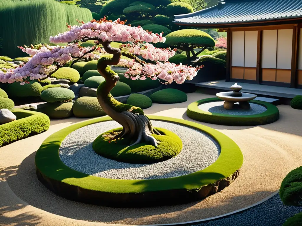 Un jardín japonés tradicional con un paisaje sereno, bonsáis y sakuras en flor