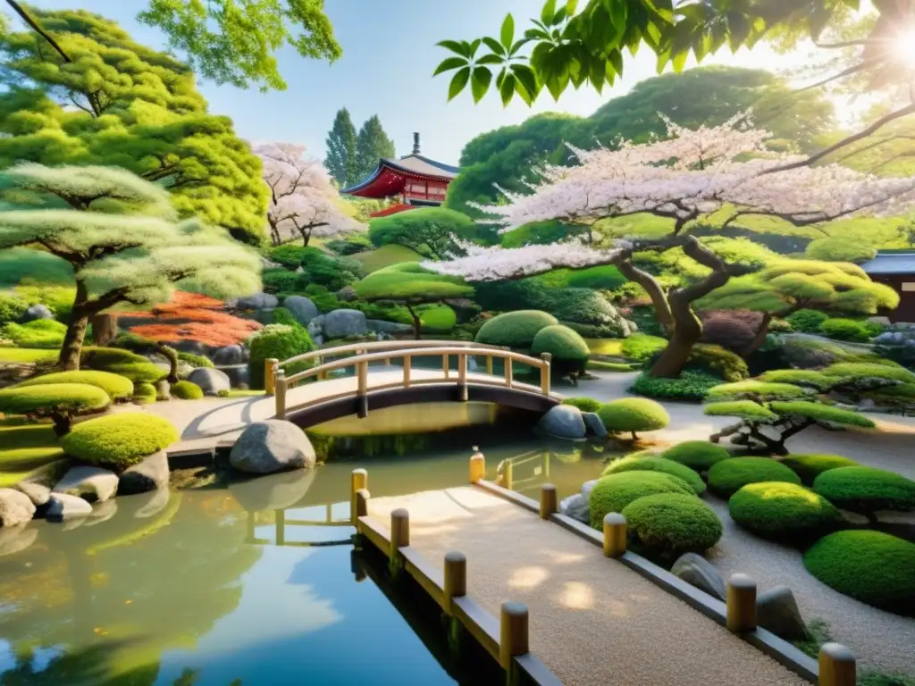 Un jardín japonés tradicional con un paisaje sereno y tranquilo, evocando la filosofía oriental, retiros y viajes al Tao