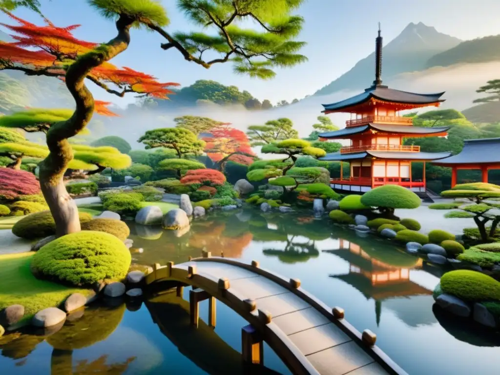 Jardín japonés tradicional con paisajes serenos y filosofía oriental