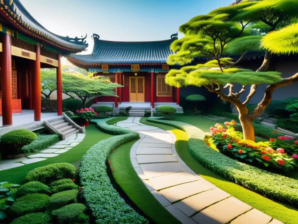 Jardín tranquilo con arquitectura china y naturaleza exuberante, inspirando gestión financiera inspirada en taoísmo