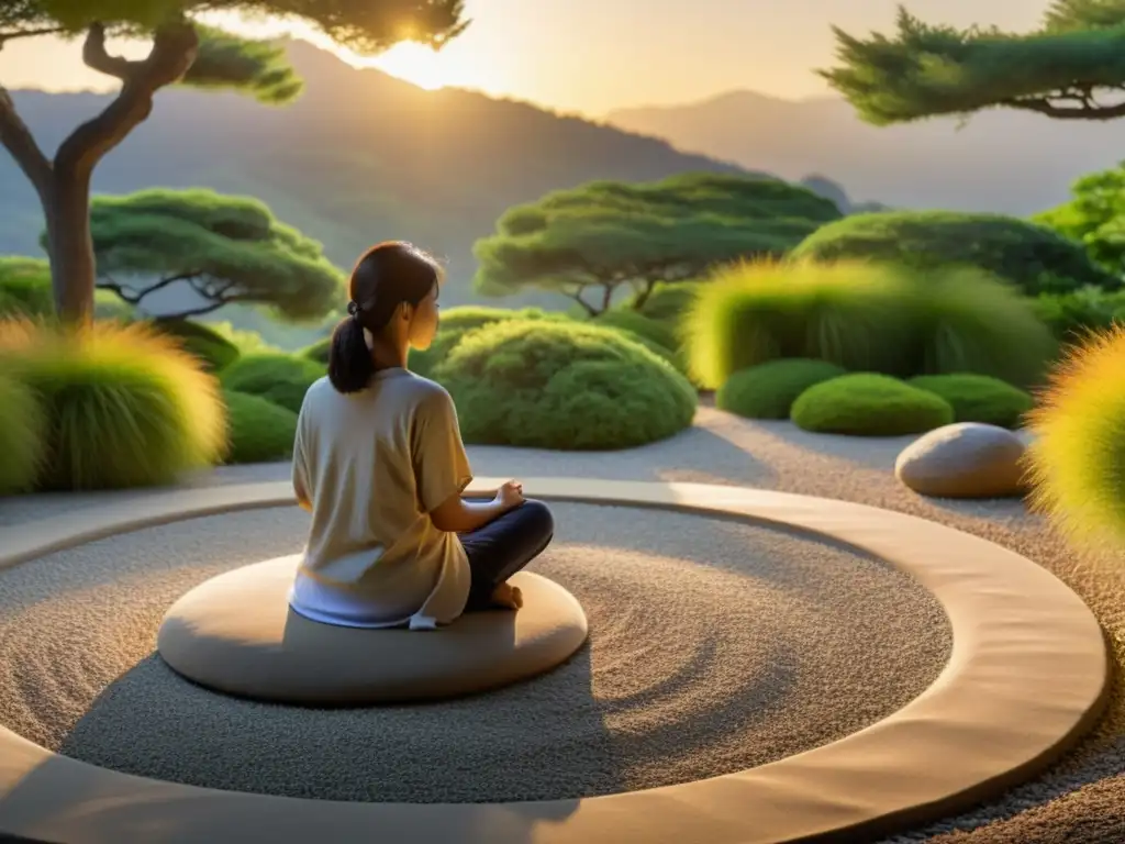 Un jardín Zen tranquilo bañado por la cálida luz del atardecer