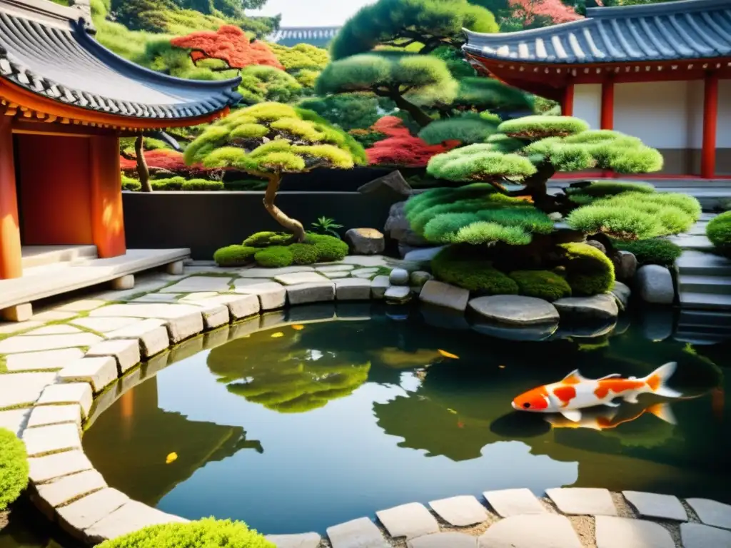 Jardín tranquilo con bonsáis podados y estanque de peces koi, reflejando arquitectura confuciana