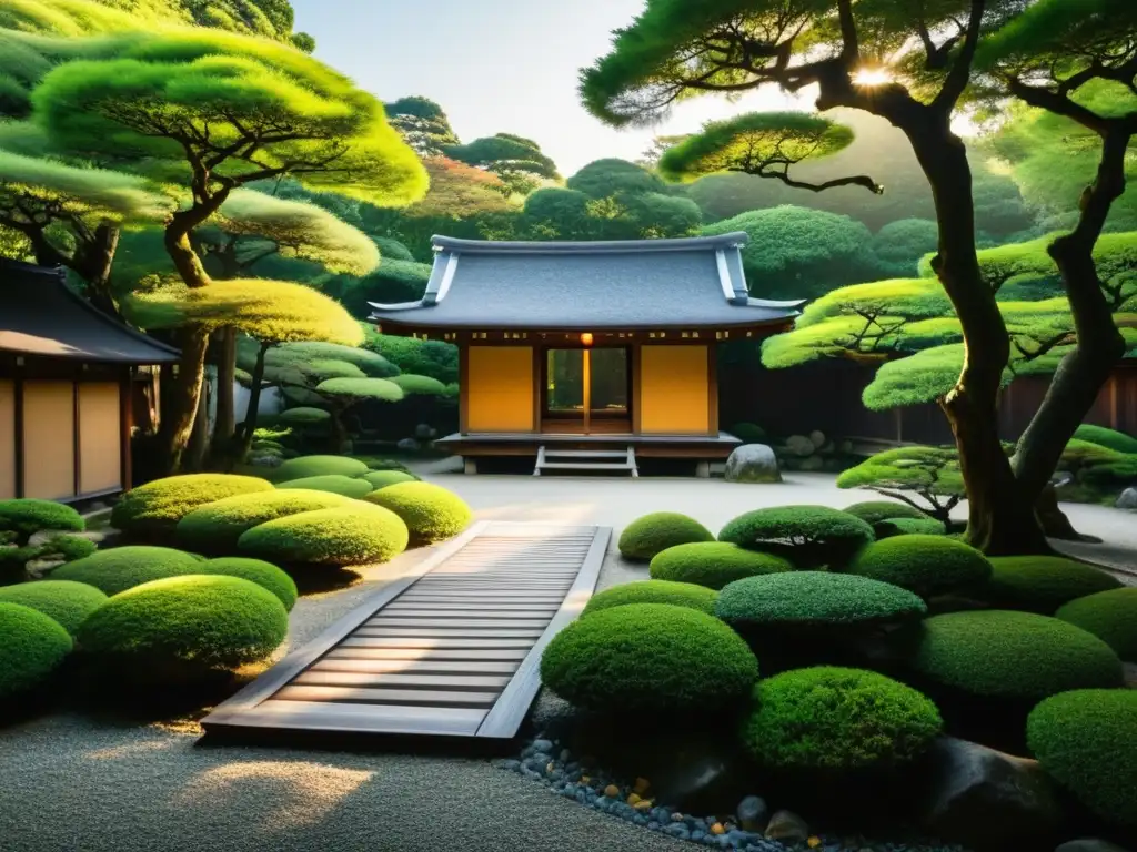 Jardín zen en Kyoto: armonía y serenidad en la naturaleza Un jardín tranquilo y brumoso en Kyoto, Japón
