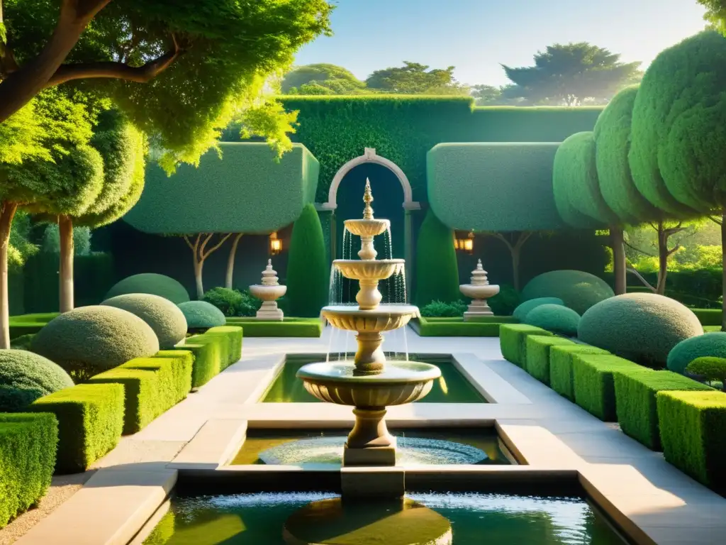 Jardín tranquilo con elementos arquitectónicos orientales y occidentales, fuente central, vegetación exuberante y esculturas ornamentadas