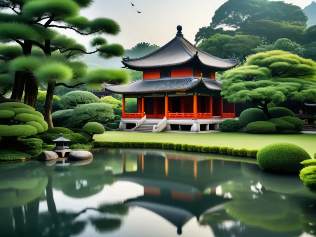 Jardín tranquilo con equilibrio y contraste en Taoísmo: yin y yang en armonía, reflejados en un estanque sereno
