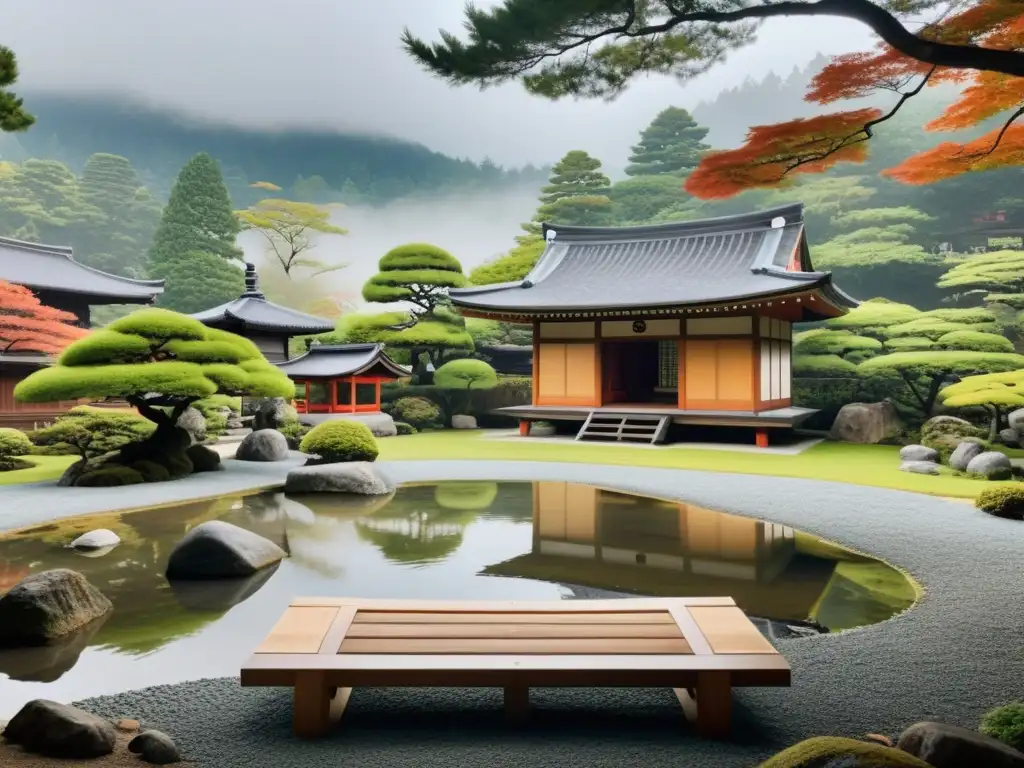 Jardín zen tranquilo con estanque, bancos y templo japonés misterioso