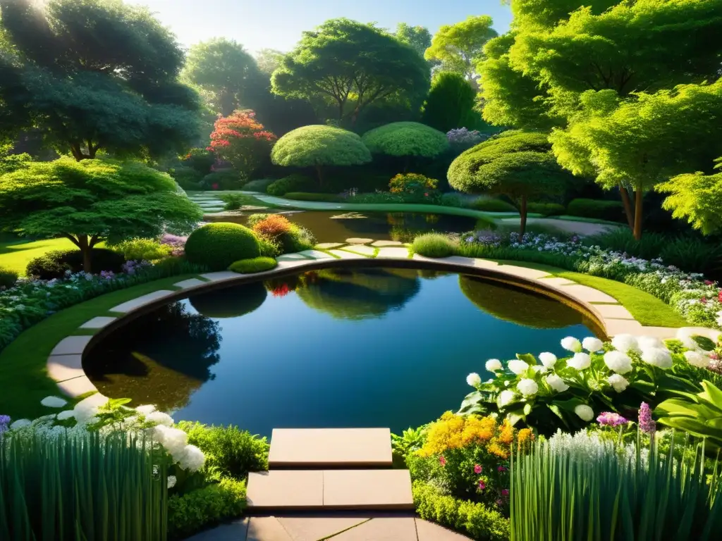 Jardín tranquilo con exuberante vegetación, flores y estanque