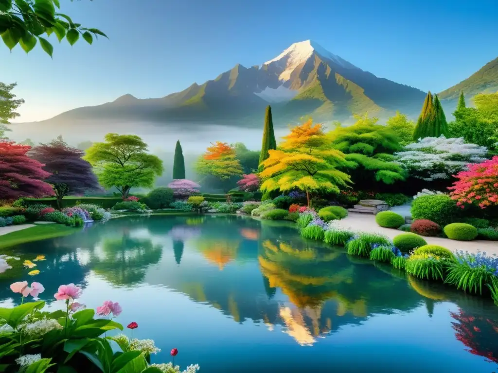 Un jardín tranquilo con flores vibrantes, un estanque sereno y montañas místicas