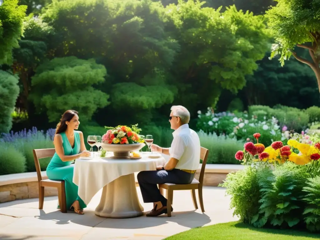 Jardín tranquilo con fuente de mármol y personas disfrutando de una comida, transmitiendo la esencia de la Ruta Epicúrea Libertad Financiera