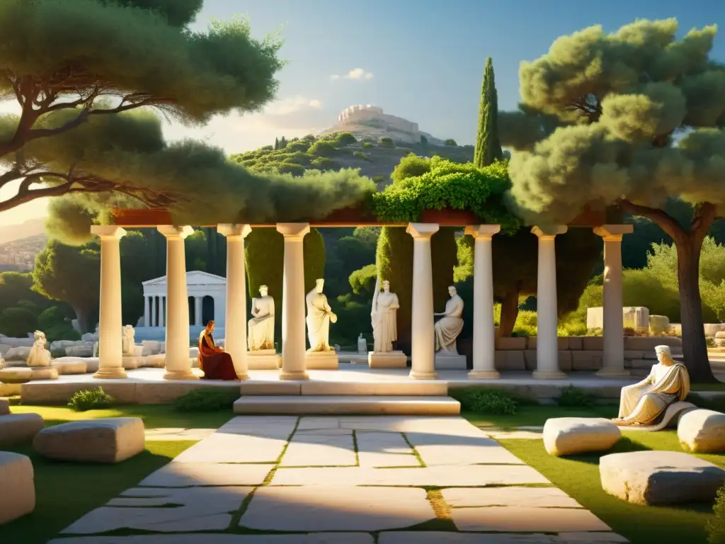 Un tranquilo ágora griego bañado por el sol, donde la gente debate con pasión rodeada de vegetación exuberante y la cálida luz del atardecer