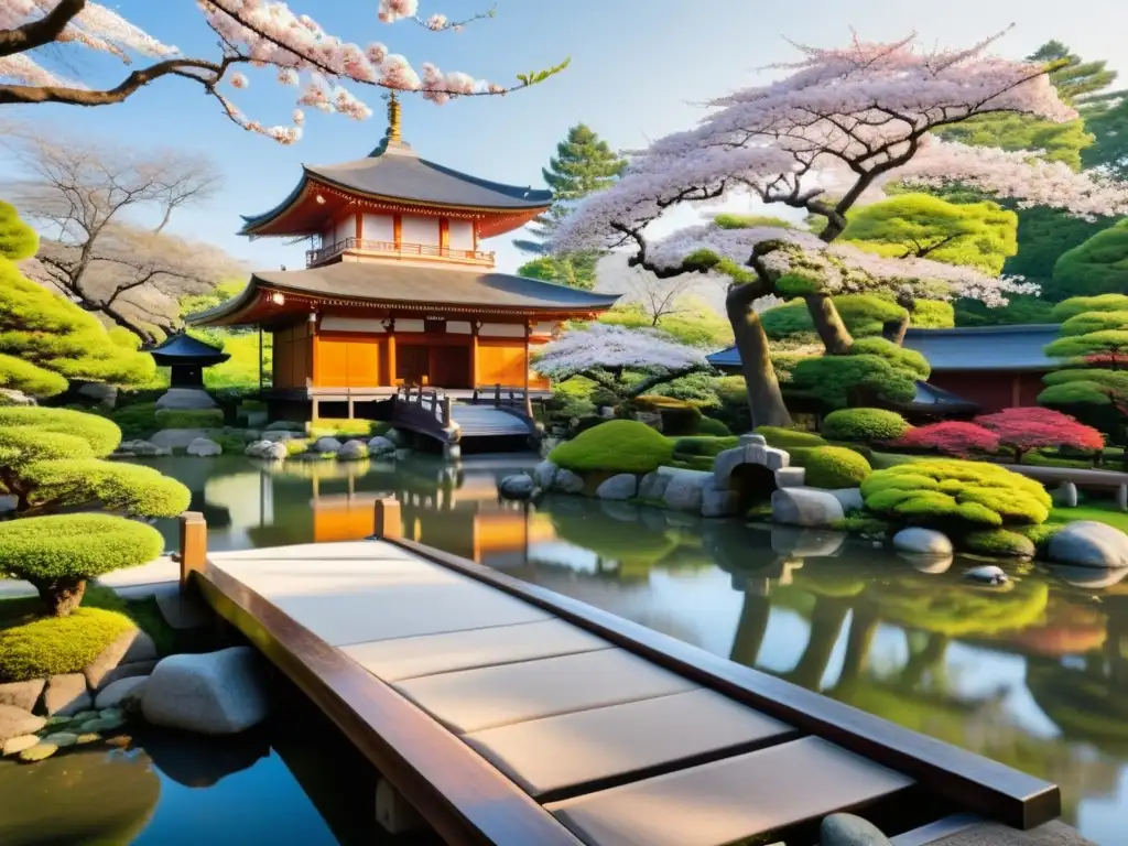 Un tranquilo jardín japonés con un puente de madera, cerezos en flor y un estanque, reflejando una escuela de Budismo Zen misteriosa
