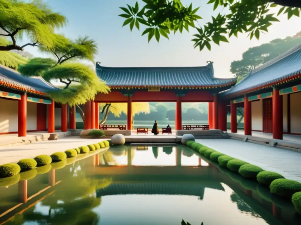 Un tranquilo patio iluminado por el sol con arquitectura china tradicional y un puente arqueado sobre un estanque rodeado de vegetación