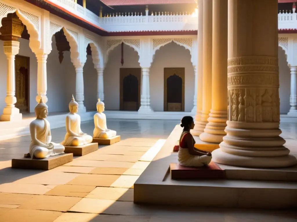 Un tranquilo patio de templo jainista con pilares de mármol blanco tallado y estatuas de tirthankaras