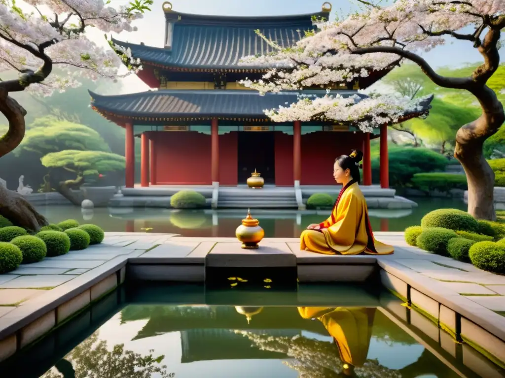 Un tranquilo patio de templo con jardines exuberantes, estanque sereno y figura en meditación, reflejando la alquimia interior taoísta iluminadora