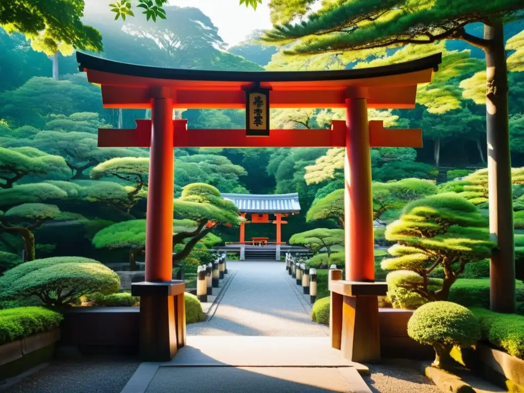 Un tranquilo santuario Shinto con un torii japonés entre exuberante vegetación, iluminado por el cálido sol poniente