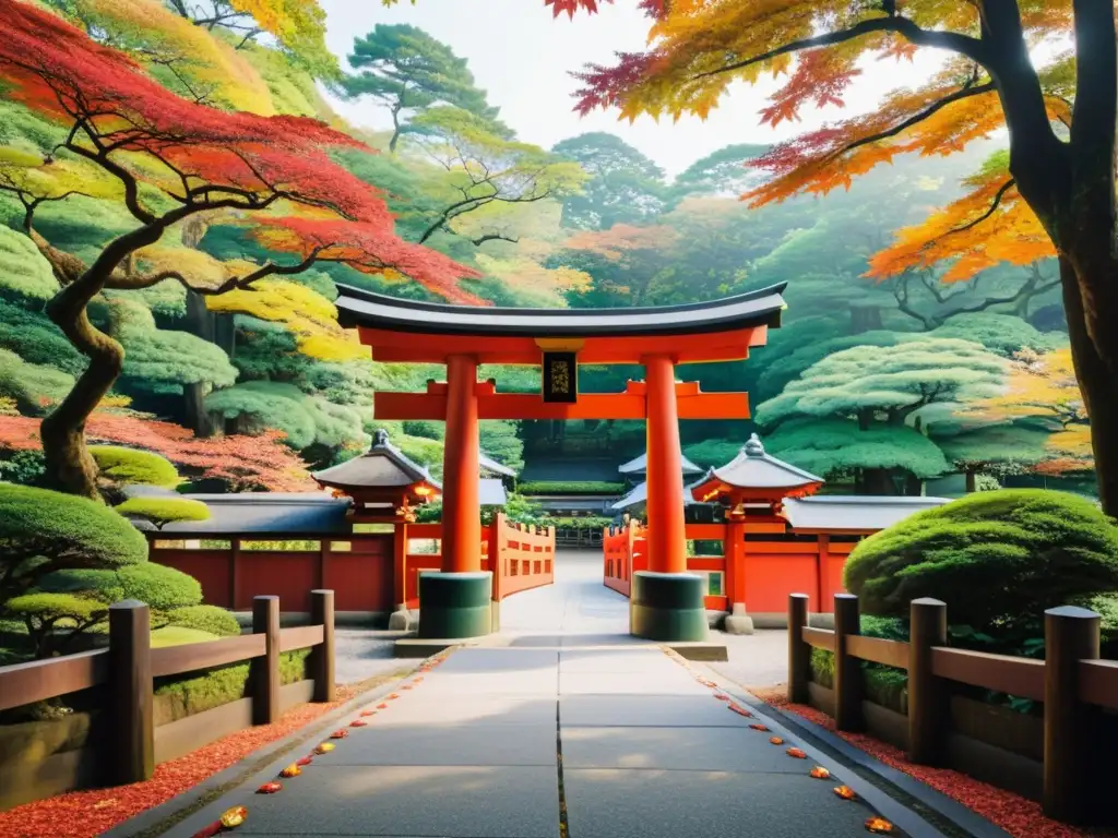 Un tranquilo santuario Shinto, con un torii japonés rodeado de exuberante vegetación y hojas otoñales