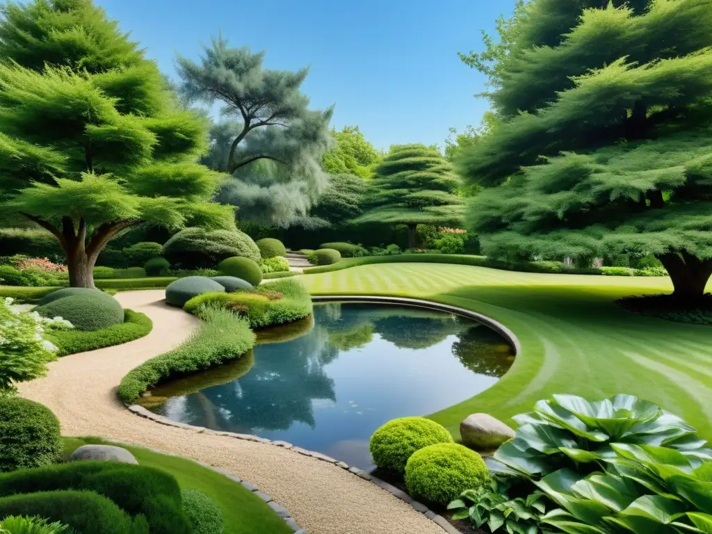 Un jardín tranquilo reflejando serenidad y belleza natural, ideal para practicar lecciones de filosofía estoica y llevar una vida sin estrés