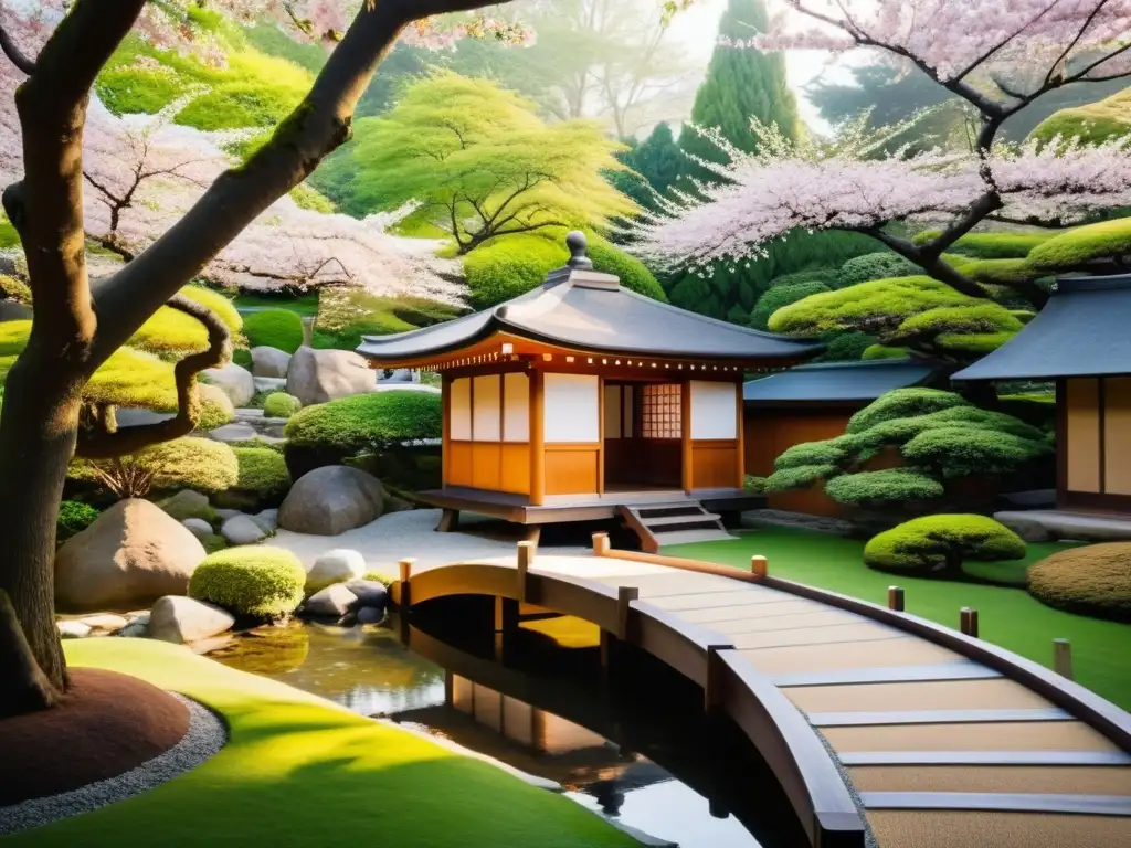 Un jardín tranquilo y soleado con una casa de té japonesa tradicional entre árboles de cerezo