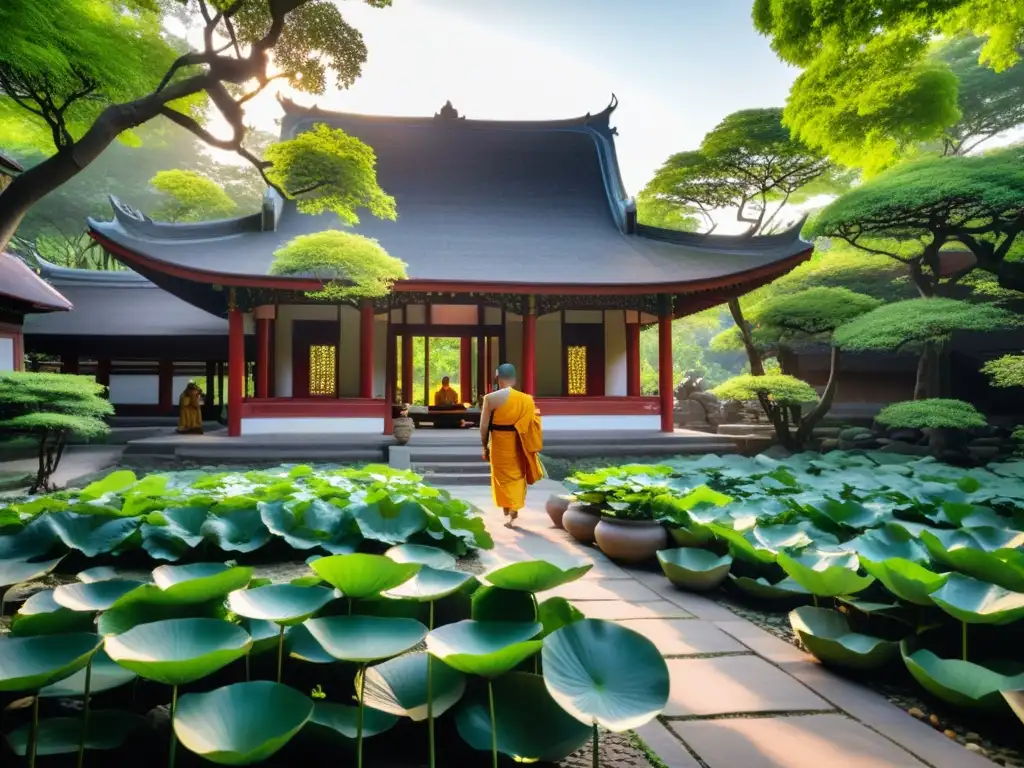 Jardín tranquilo de un templo budista con vegetación exuberante, flores de loto y estatuas de Buda en armonía