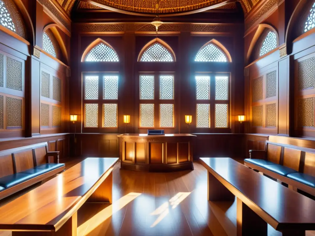 Un tribunal islámico con intrincados diseños geométricos en las paredes y el techo