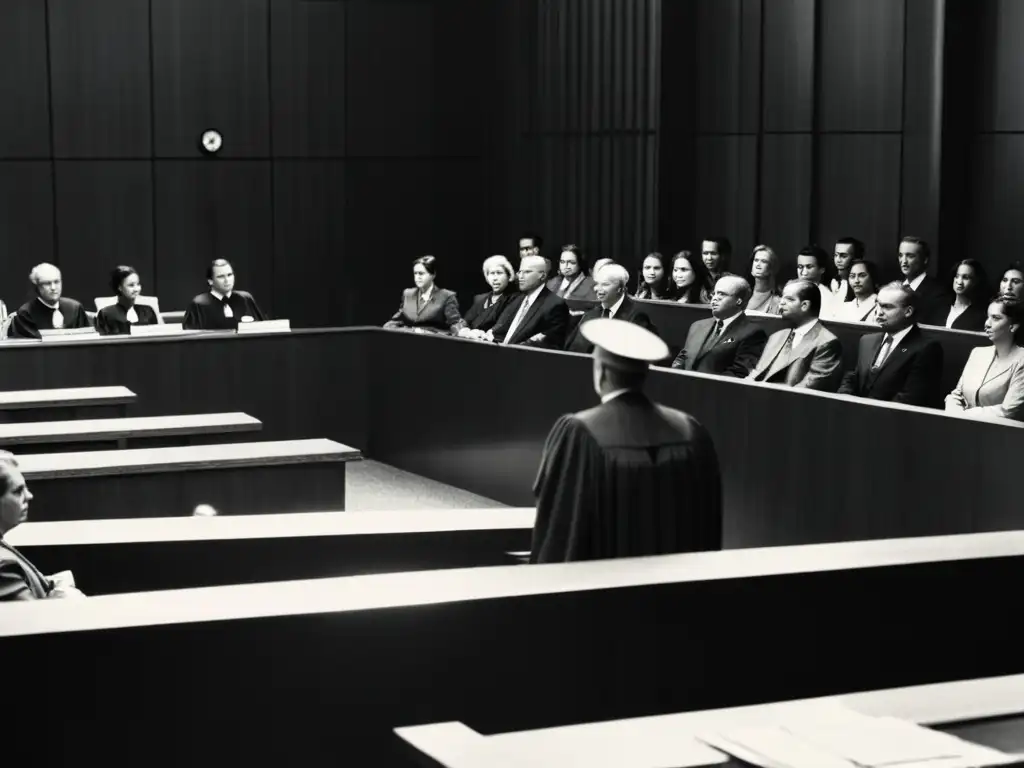 Un tribunal solemne durante un conflicto bélico histórico, con soldados, civiles y profesionales observando