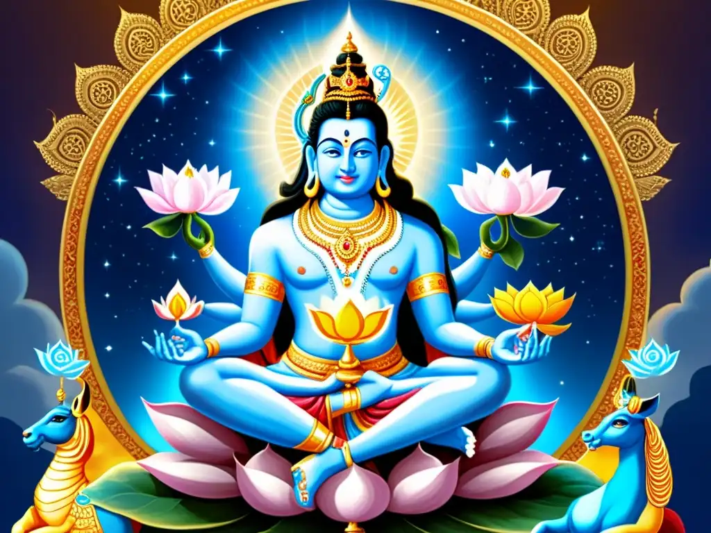 Representación esotérica del trío divino hindú con Brahma, Vishnu y Shiva rodeados de luz divina y símbolos sagrados