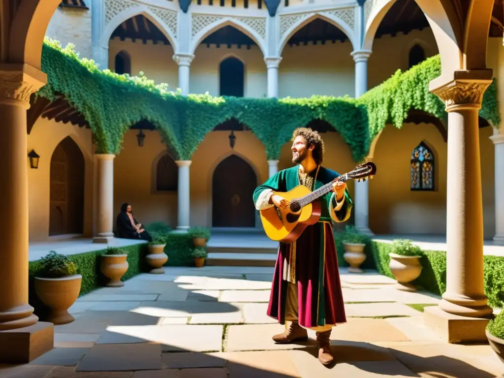 Un trovador medieval canta con pasión y elocuencia en un patio grandioso, rodeado de oyentes admirativos