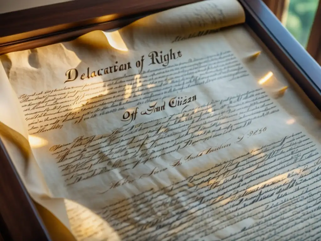 Una fotografía ultradetallada en 8k de la Declaración de los Derechos del Hombre y del Ciudadano, iluminada por la suave luz que entra por la ventana