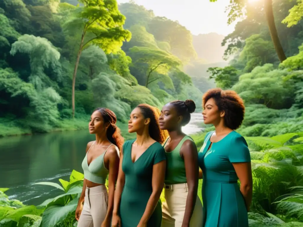 Unidas por el ecofeminismo y la ética del cuidado, un grupo de mujeres diversas se sostienen de la mano en un bosque exuberante, expresando determinación y unidad mientras miran hacia la cámara, rodeadas de naturaleza vibrante y luz cálida