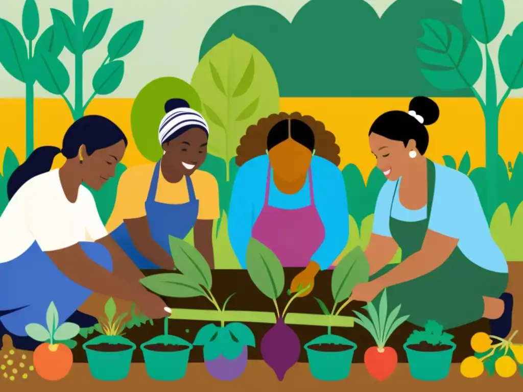 Mujeres diversas cultivando juntas en un huerto comunitario Unidas en el huerto: mujeres diversas trabajan juntas en un jardín comunitario, reflejando empoderamiento y conexión a la tierra