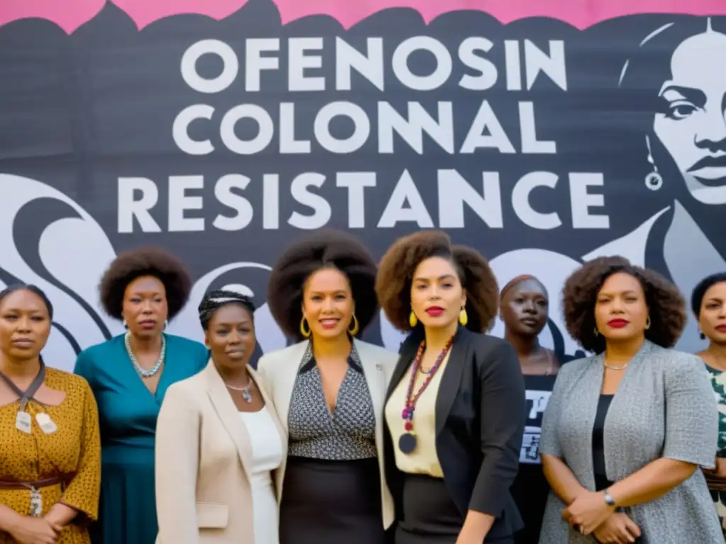 Unidas en la lucha del feminismo postcolonial, mujeres diversas desafían la opresión frente a un mural de símbolos poderosos