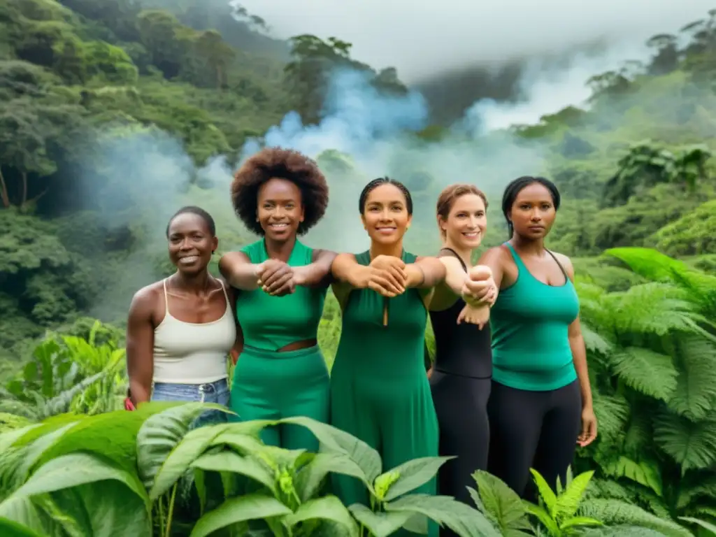 Unidas, mujeres ecofeministas cambian el mundo en un bosque exuberante, demostrando determinación y pasión por el cambio