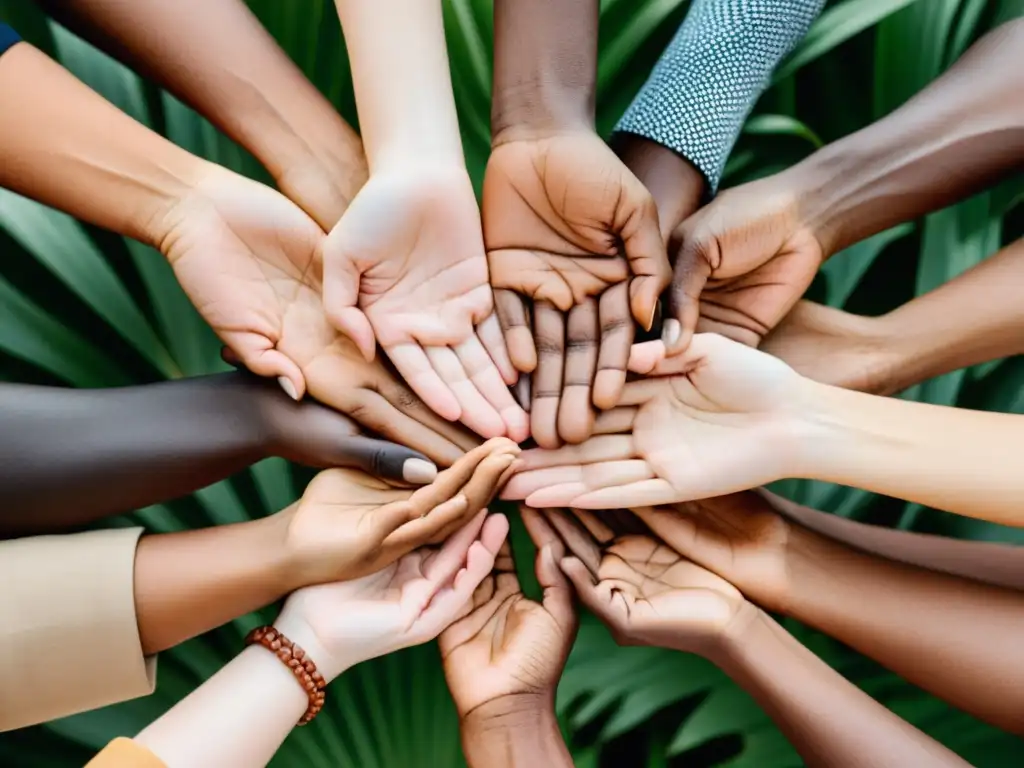 Unidos en diversidad: manos entrelazadas de diferentes tonos de piel, simbolizando inclusión y colaboración