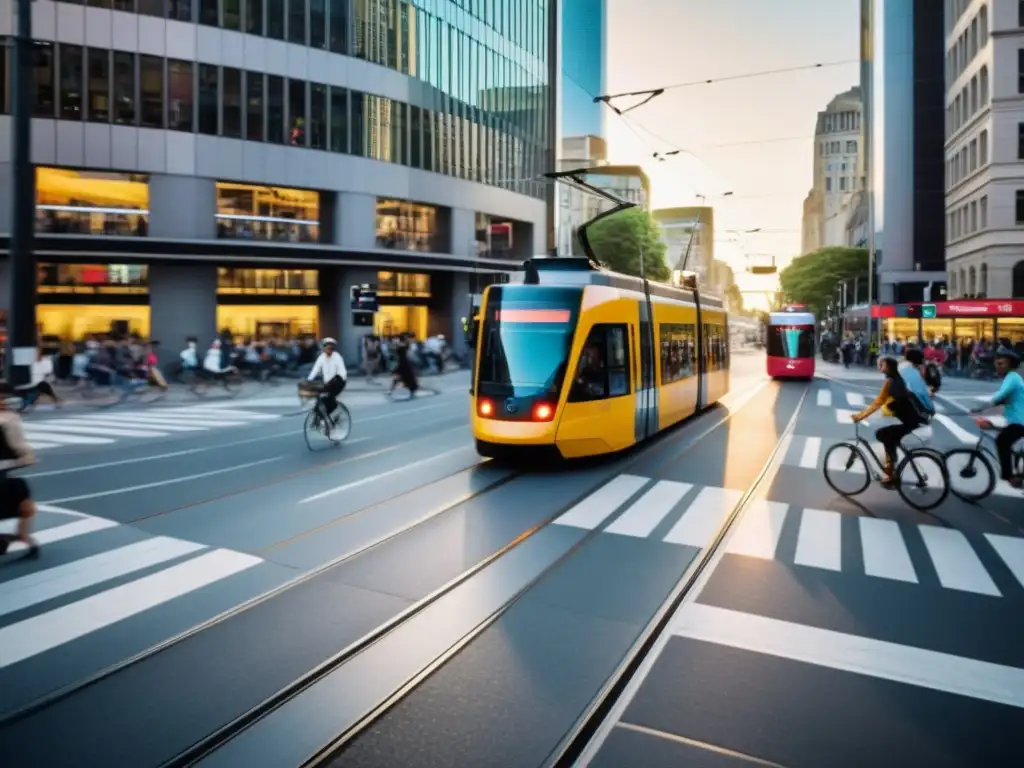 Intersección urbana llena de vida con tranvía, peatones y ciclistas, capturando dilemas éticos modernos en una ciudad vibrante
