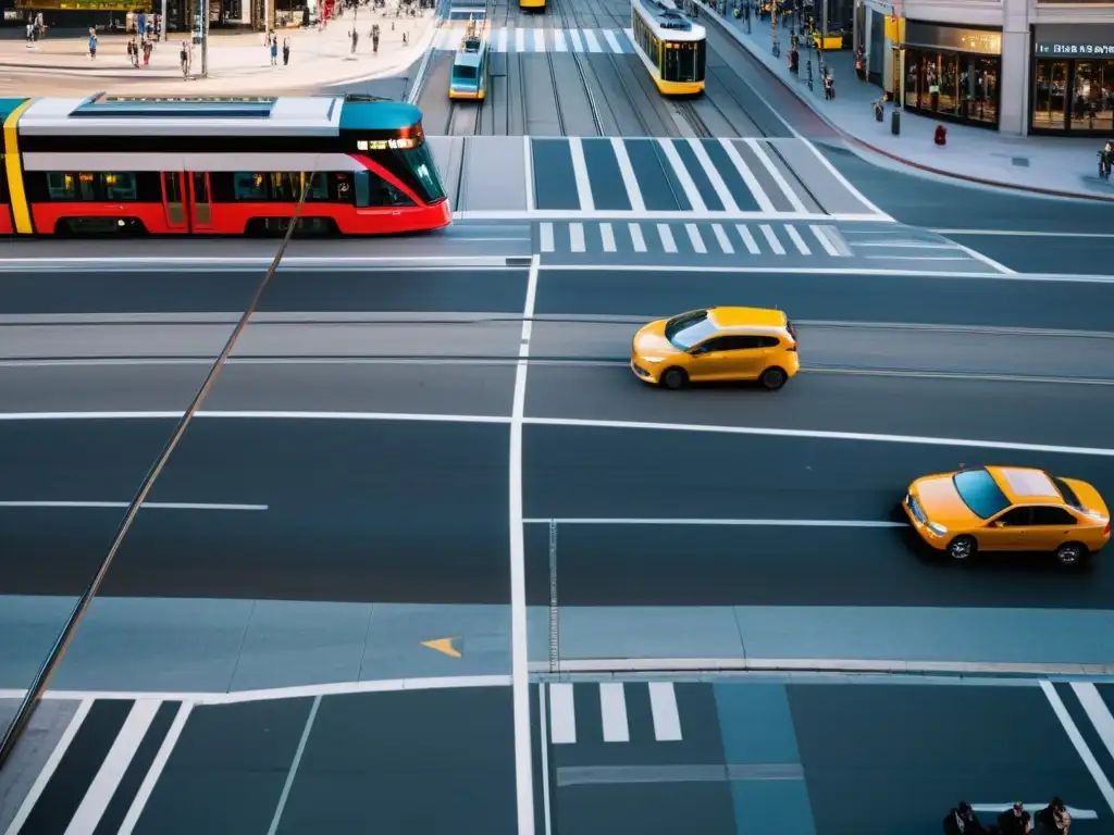 Intersección urbana con tranvías y peatones, reflejando la complejidad de la ética utilitarista en dilemas modernos