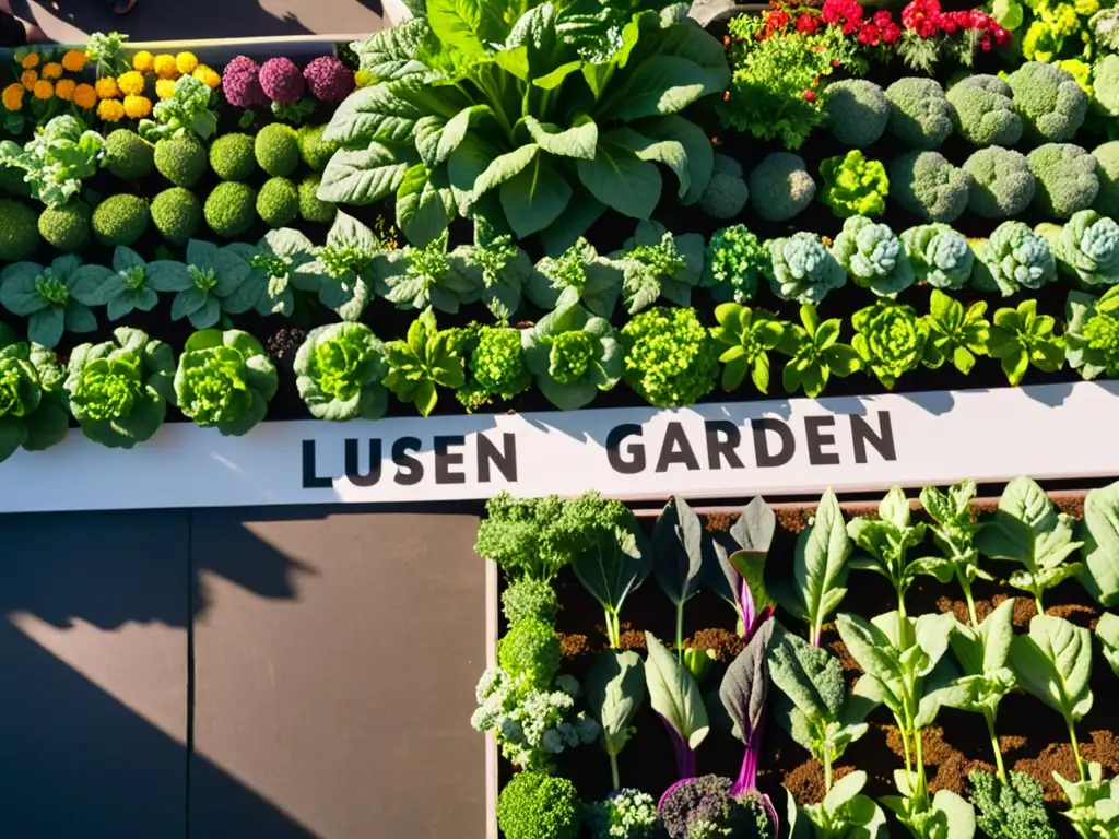 Un jardín urbano sostenible con vegetales y flores, gente diversa conversando y paneles solares