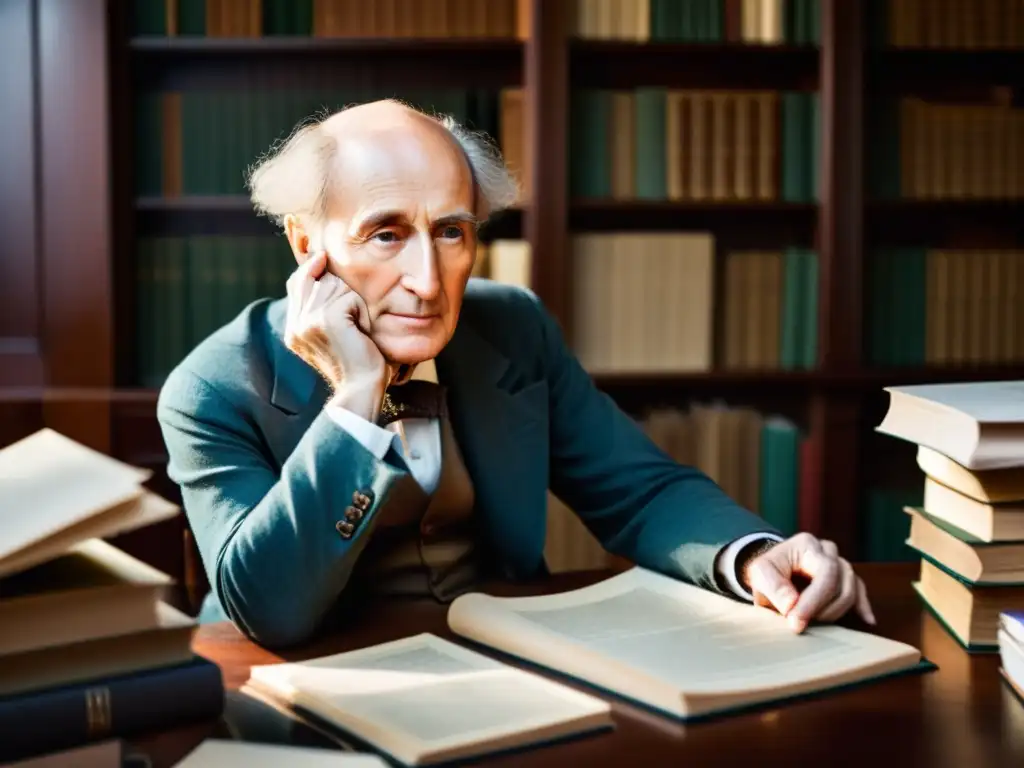 John Stuart Mill reflexiona sobre el utilitarismo de Bentham y Mill en su estudio iluminado, rodeado de libros y papeles