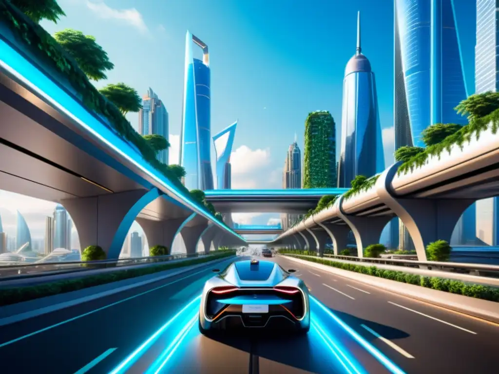 Una utopía de singularidad tecnológica: la ciudad del futuro con rascacielos, puentes y autos voladores, bañada en la cálida luz del atardecer