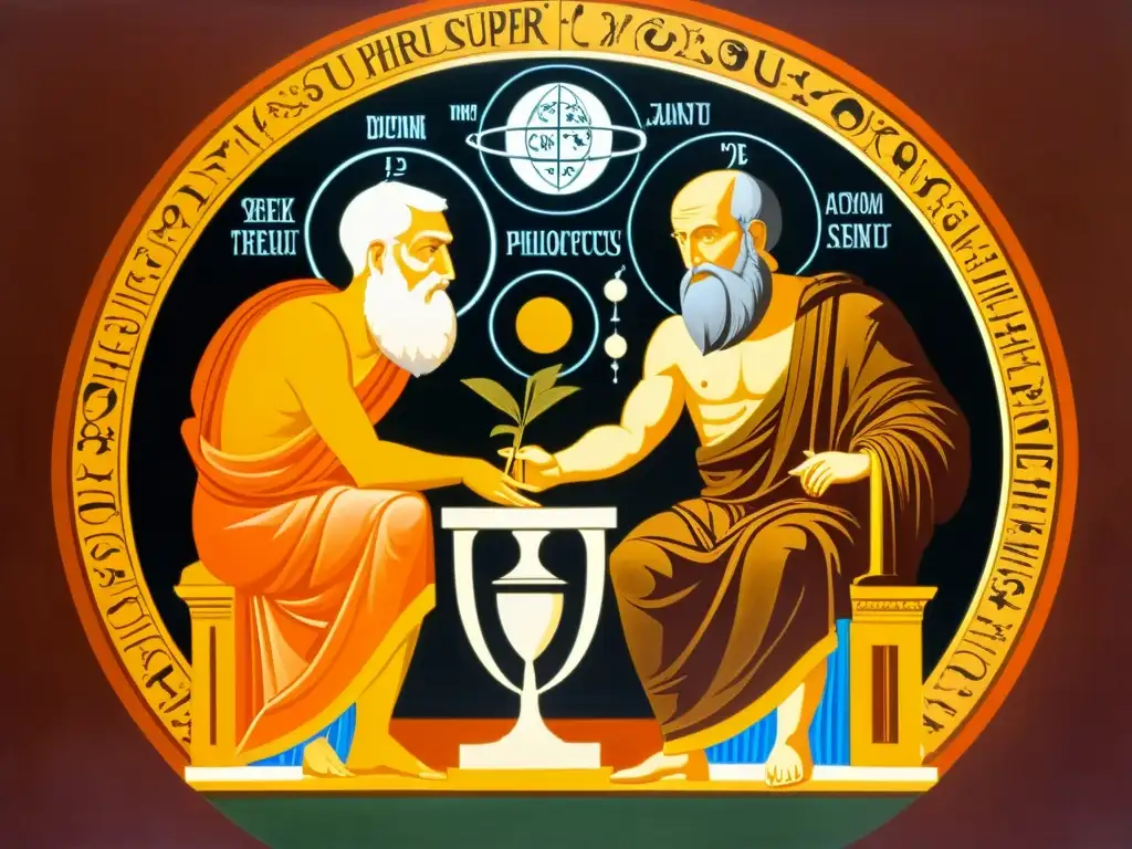 Vaso griego con Demócrito y Leucipo debatiendo filosofía