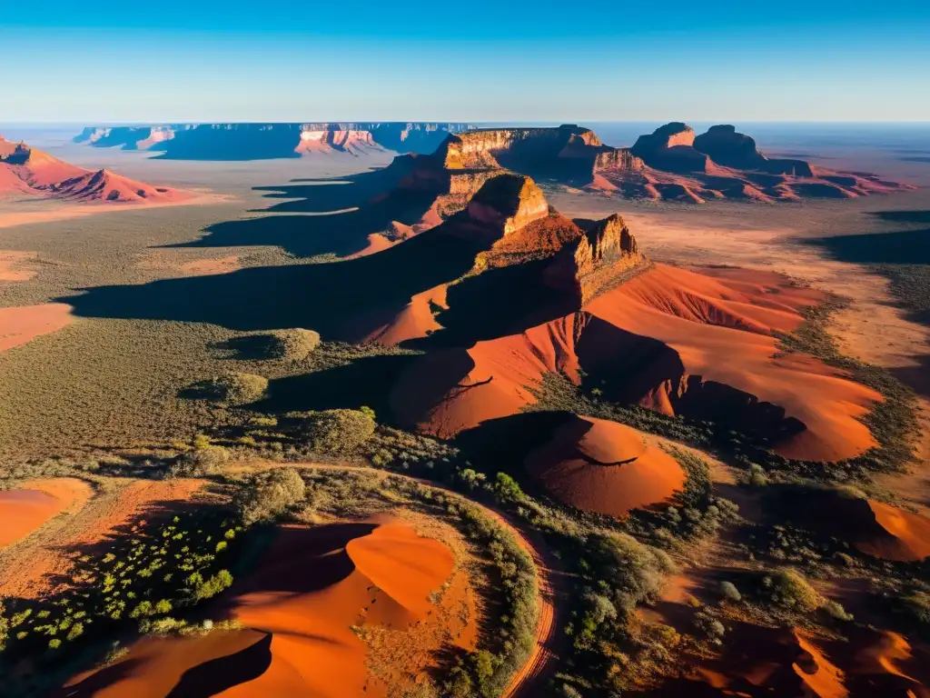 Vasta extensión del Outback Australiano con la filosofía aborigen australianas impresa en la conexión ancestral con la tierra roja y los nativos caminando