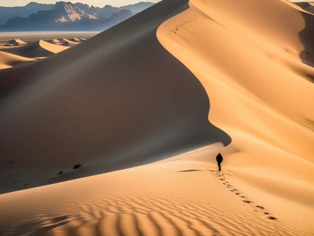 Un vasto paisaje de dunas de arena con un explorador contemplativo en la cima