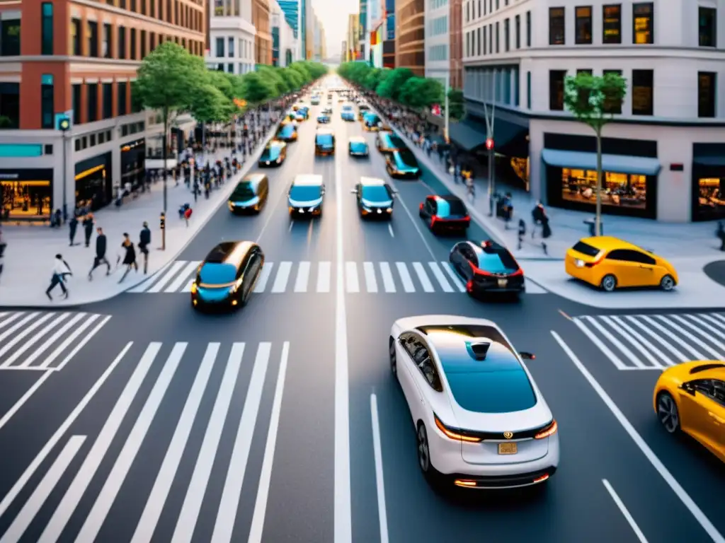 Vehículos autónomos en la ciudad, mostrando ética en decisiones de tráfico y convivencia con peatones y ciclistas
