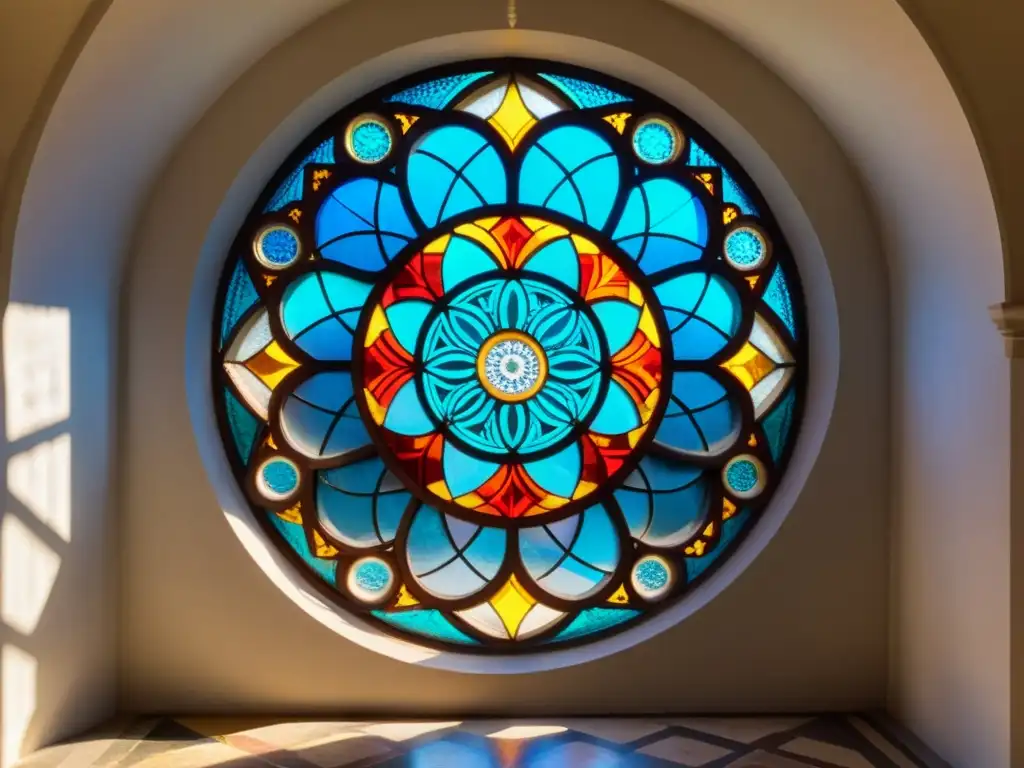 Ventana de vitral en catedral europea con Geometría Sagrada y corrientes filosóficas, deslumbrante y colorida