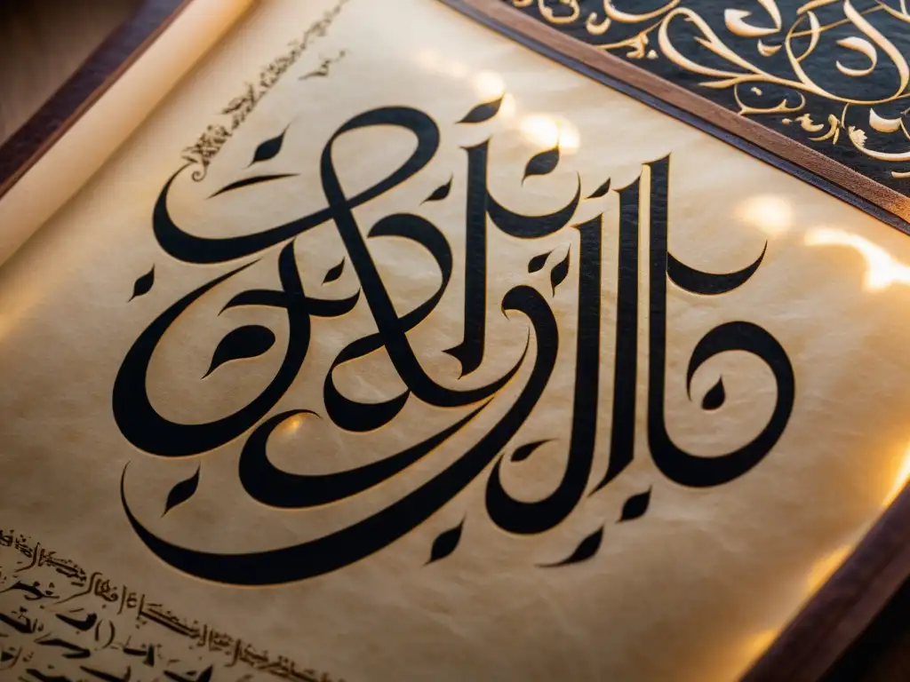 Versos Sufis poesía alma: Calligrafía árabe de un poeta Sufi en pergamino envejecido, iluminado por cálida luz, evocando espiritualidad y arte